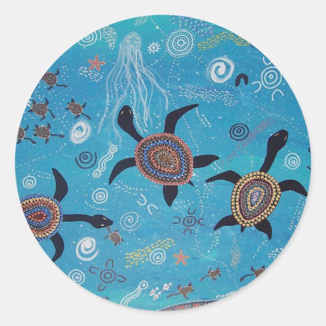 Aboriginal Art Turtle Dreaming Sticker Runt Klistermärke (Framsida)