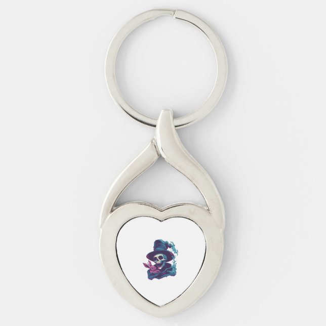 Abra-Cadabra Bones � Funny Magic Skull Twisted Heart Silverfärgad Nyckelring (Framsidan)