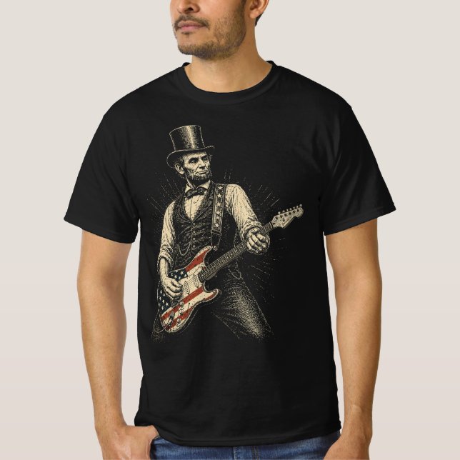 Abraham Lincoln Gitarr Amerikansk Flagga T Shirt (Framsida)