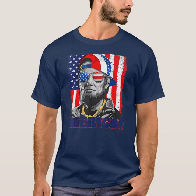Abraham Lincoln Merica American Flagga 4:e juli  T Shirt (Framsida)