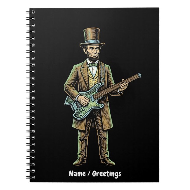 Abraham Lincoln Rockar på en Gitarr i Träblock uta Anteckningsbok (Framsidan)