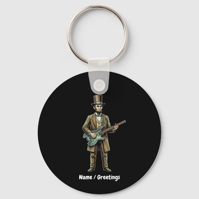 Abraham Lincoln Rockar på en Gitarr i Träblock uta Nyckelring (Framsida)