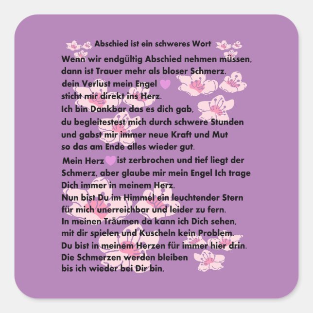 Abschieds Gedicht Fyrkantigt Klistermärke (Framsida)