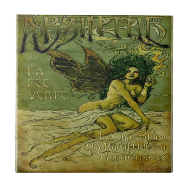 Absinthe Vintage Grönt Fairy Kakelplatta (Framsidan)