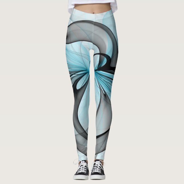 Abstract Anthracite Gray Blue Modern Fractal Art Leggings (Framsida)