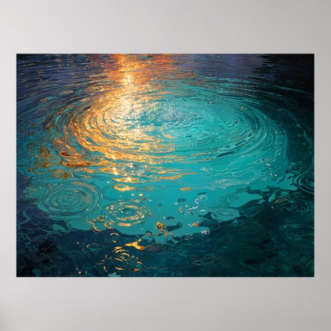Abstract Aqua Waves with Golden Sunlight Poster (Framsidan)