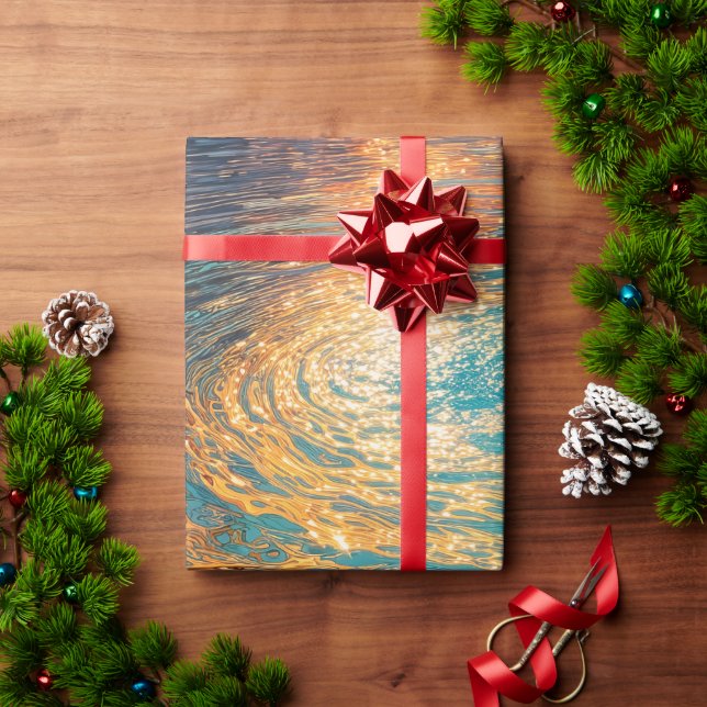 Abstract Aqua Waves with Golden Sunlight Presentpapper (Julgåva)