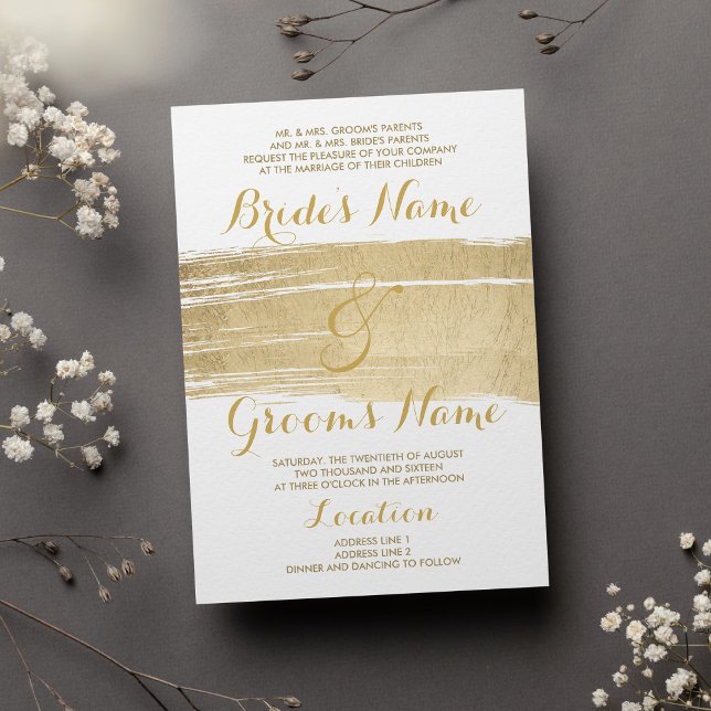 Abstract Artsy White Gold Brushstrokes Wedding Inbjudningar (Abstract Artsy White Gold Brushstrokes Wedding )