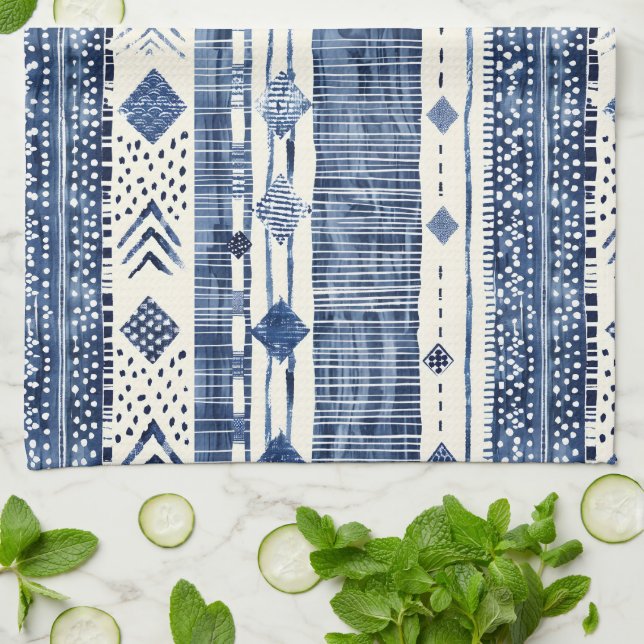 Abstract Blue And White Pattern Kökshandduk (Vikta)