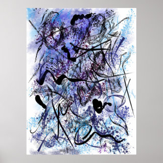 Abstract Blue Black Brushstrokes Splashes Wall Art Poster