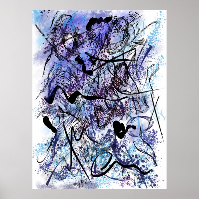 Abstract Blue Black Brushstrokes Splashes Wall Art Poster (Framsidan)
