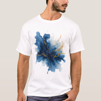 Abstract Blue Gold Ink Splash T Shirt