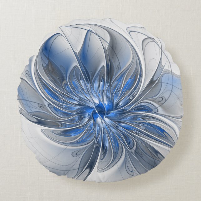 Abstract Blue Gray Watercolor Fractal Art Flower Rund Kudde (Framsidan)