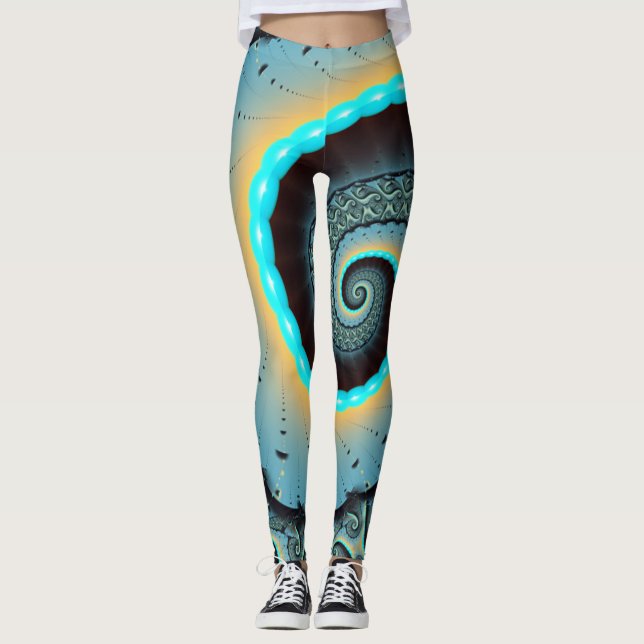 Abstract Blue Turquoise Orange Fractal Art Spiral Leggings (Framsida)