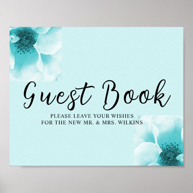 Abstract Blue & White Florals Guest book Sign Poster (Framsidan)
