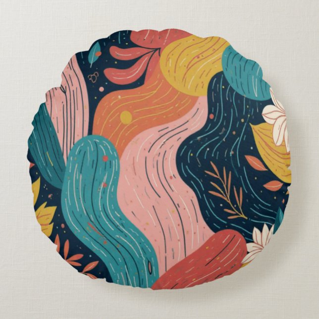 Abstract Botanical Flow Round Pillow Rund Kudde (Framsidan)