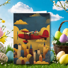 Abstract Bunny Flies Airplane Clouds Custom Easter Kort