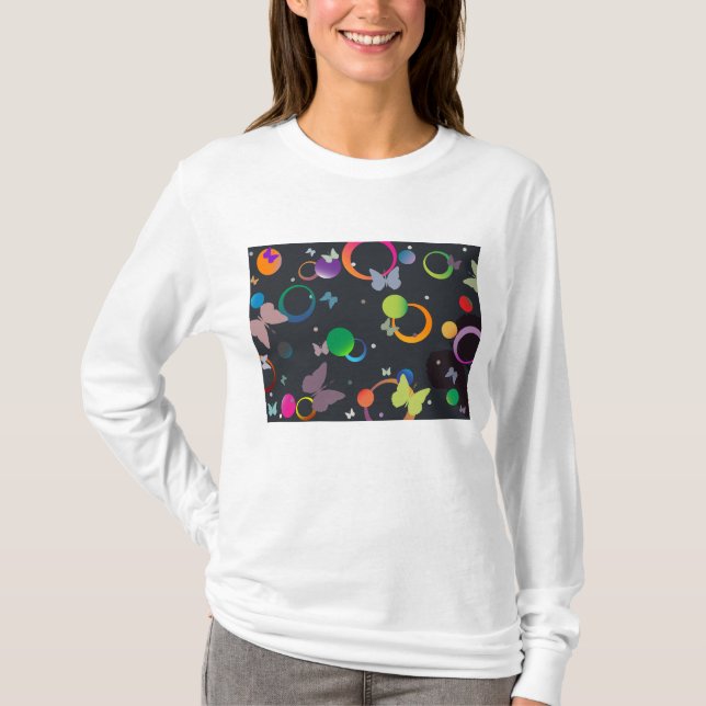 Abstract Butterflies and Geometric Circles Pattern T Shirt (Framsida)