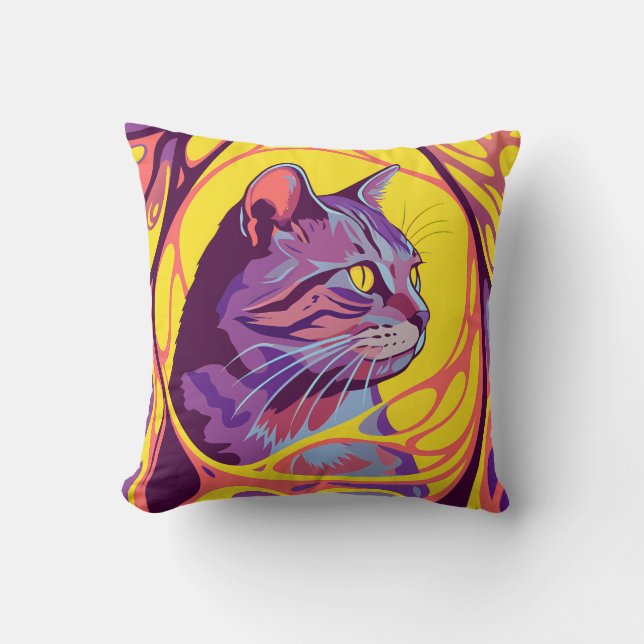 Abstract Cat: Pop Art Psychedelic Swirl Kudde (Framsida)