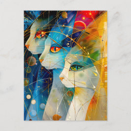 Abstract cat portrait set against a vibrant galaxy vykort