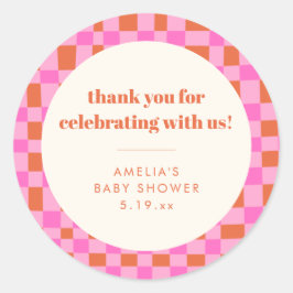 Abstract Checker Pink Custom Baby Shower Thank Runt Klistermärke