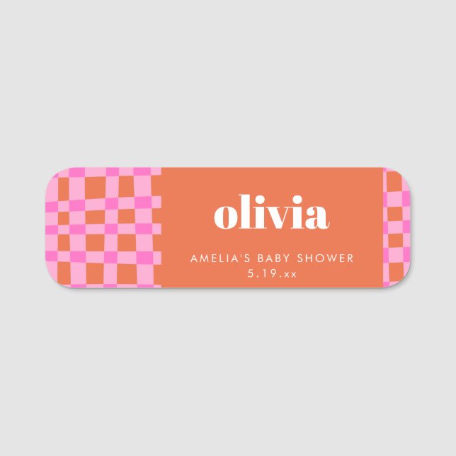 Abstract Checker Pink Orange Custom Baby Shower Namnbricka (Framsida)