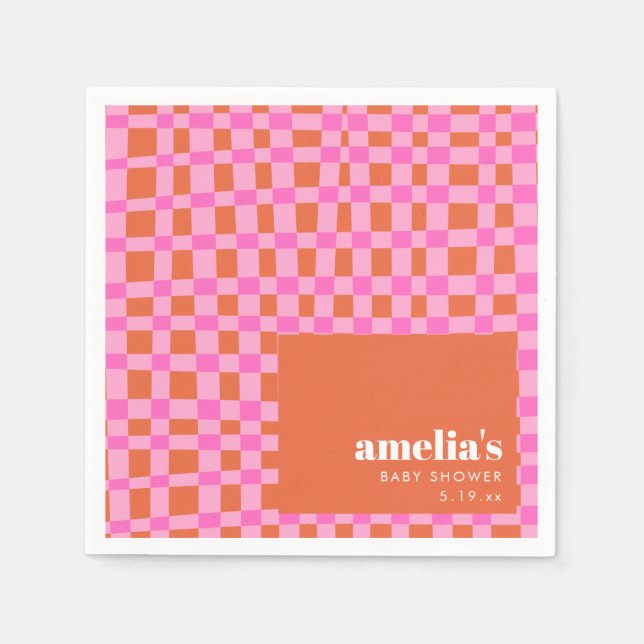 Abstract Checker Pink Orange Custom Baby Shower Pappersservett (Framsidan)