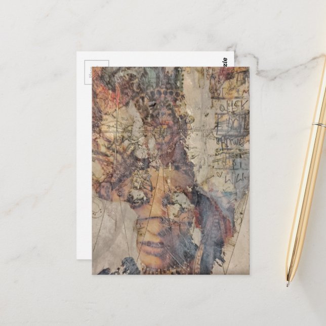 abstract collage with face mixed media vykort (Fram/Back In Situ)