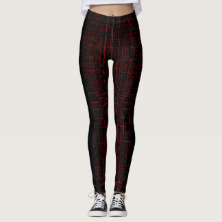 Abstract Cyber Pattern | Black & Crimson Circuit  Leggings