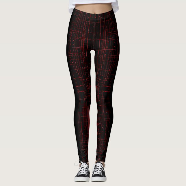 Abstract Cyber Pattern | Black & Crimson Circuit  Leggings (Framsida)
