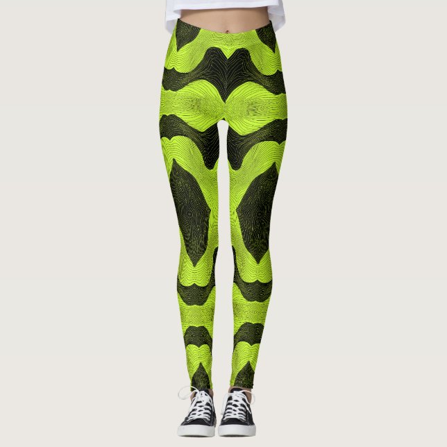 Abstract Cyber Pattern | Neon Lime & Black Leggings (Framsida)