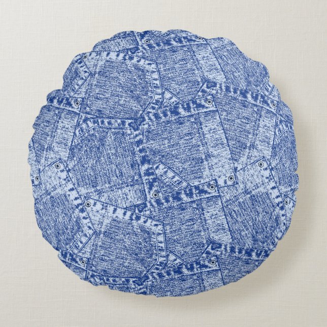 Abstract Denim Pockets Patchwork Seamless Pattern  Rund Kudde (Framsidan)