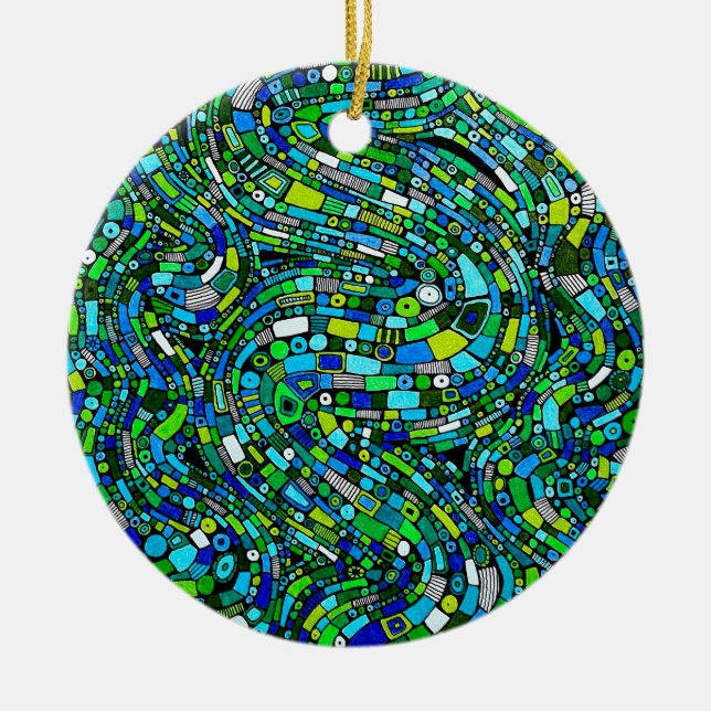 Abstract Design Blue Green Waves Shapes Julgransprydnad Keramik (Framsidan)