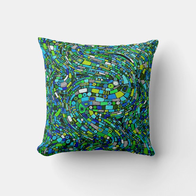 Abstract Design Blue Green Waves Shapes Kudde (Framsida)