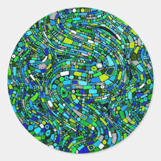 Abstract Design Blue Green Waves Shapes Runt Klistermärke