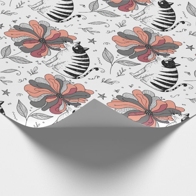 Abstract Doodle Art Style Cat Smelling Flower Presentpapper (Hörn)