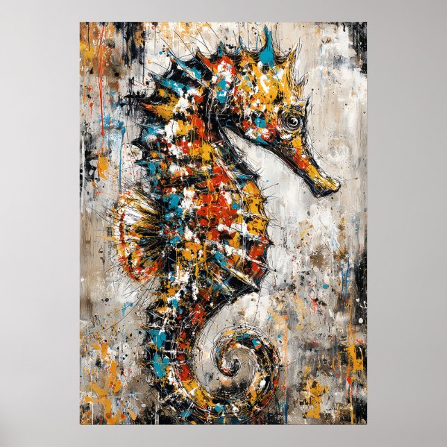 Abstract Expressionist Seahorse Painting Coastal Poster (Framsidan)