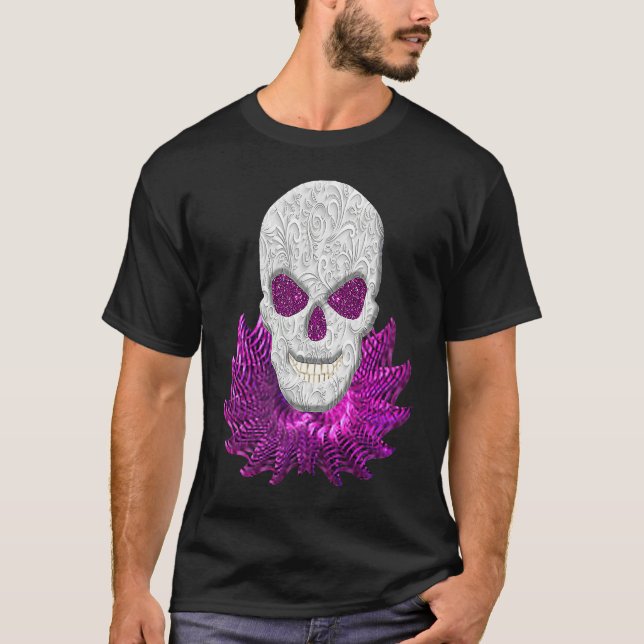 Abstract Fantasy Lacy Skull Goth Pink Eyes T Shirt (Framsida)
