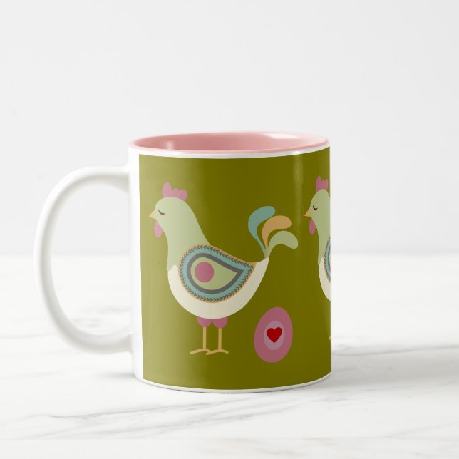 Abstract Farm Art Green Coffee Cup – Chicken & Egg Två-Tonad Mugg (Vänster)