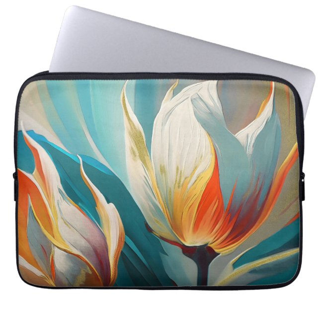Abstract Floral Glow in Teal and Orange Laptop Fodral (Framsidan)
