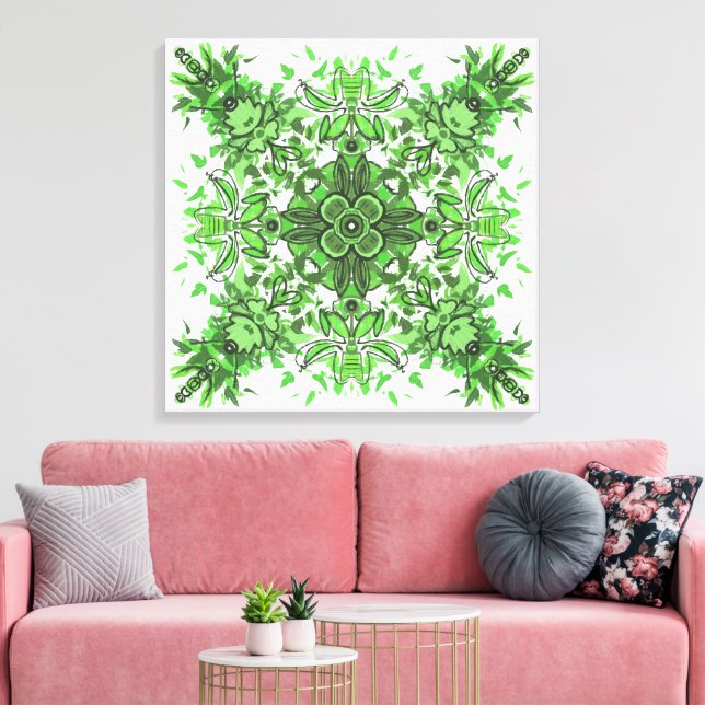 Abstract Floral Pattern In Black & Green On White Canvastryck (Insitu (Vardagsrum))