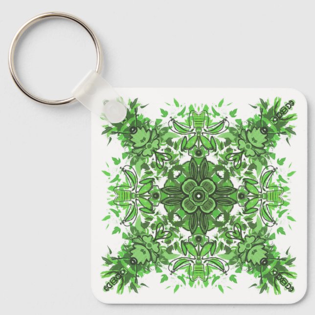 Abstract Floral Pattern In Black & Green On White Nyckelring (Framsida)