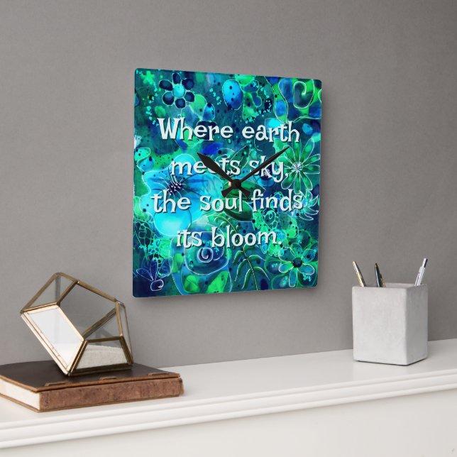 Abstract Floral Teal Blue Green Personalized Fyrkantig Klocka (Kontor)