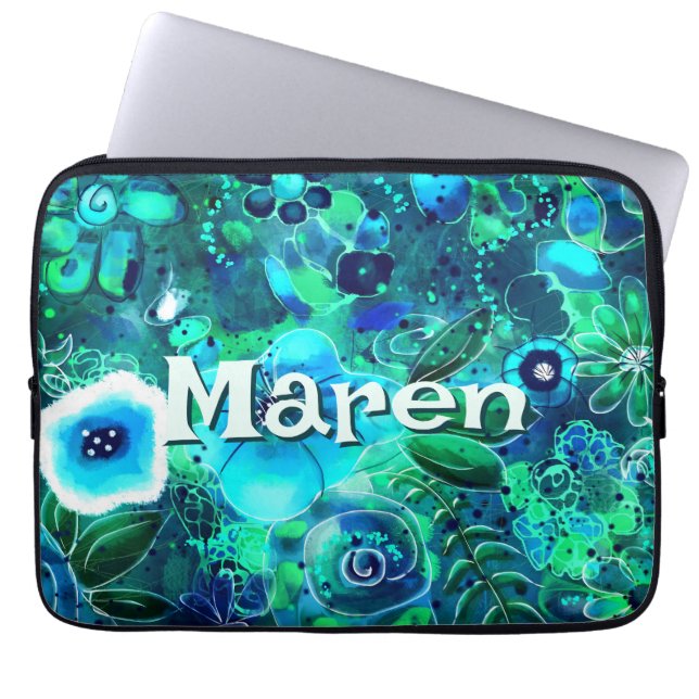Abstract Floral Teal Blue Green Personalized Laptop Fodral (Framsidan)