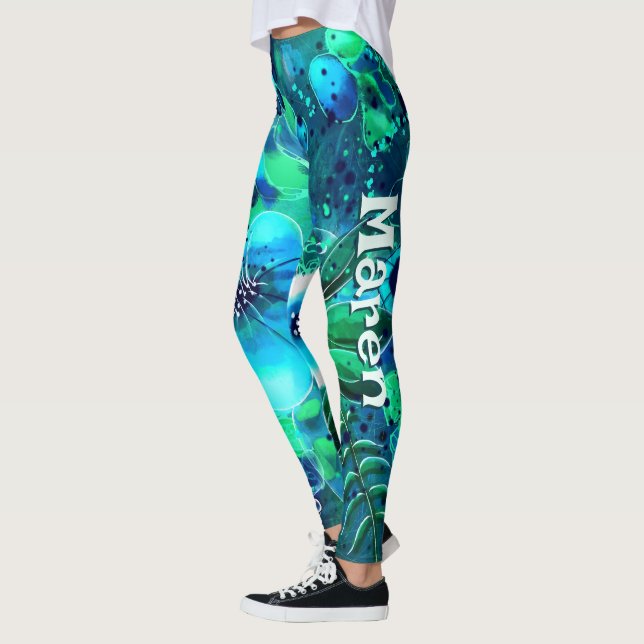 Abstract Floral Teal Blue Green Personalized Leggings (Vänster)