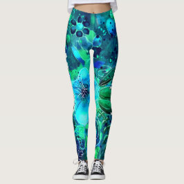Abstract Floral Teal Blue Green Personalized Leggings