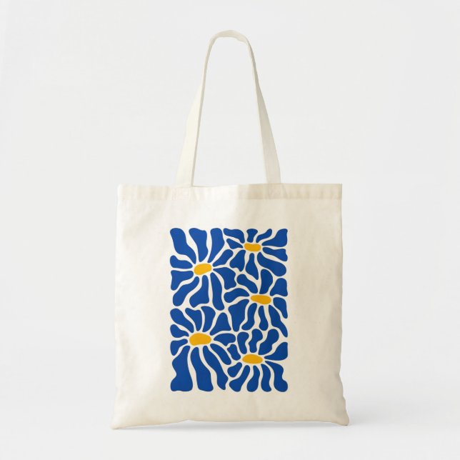 Abstract Floral Tote Bag | Blue Retro Art Tygkasse (Framsidan)