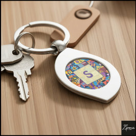 Abstract Folk Art Geometric Quilt Mosaic Swirl Silverfärgad Nyckelring