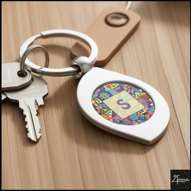 Abstract Folk Art Geometric Quilt Mosaic Swirl Silverfärgad Nyckelring (Skapare uppladdad)