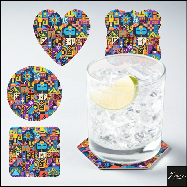 Abstract Folk Art Geometric Quilt Mosaic Underlägg Papper Kvadrat (Skapare uppladdad)